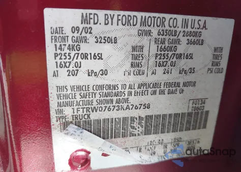 2003 Ford F-150 Lariat/Xlt из США, поврежденный, VIN 1FTRW07673KA76758